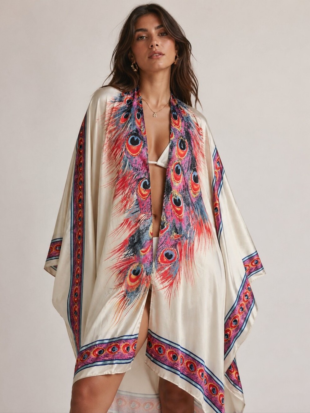 IVY London Cream Kimono with Pink & Blue Peacock-Strip Print OS